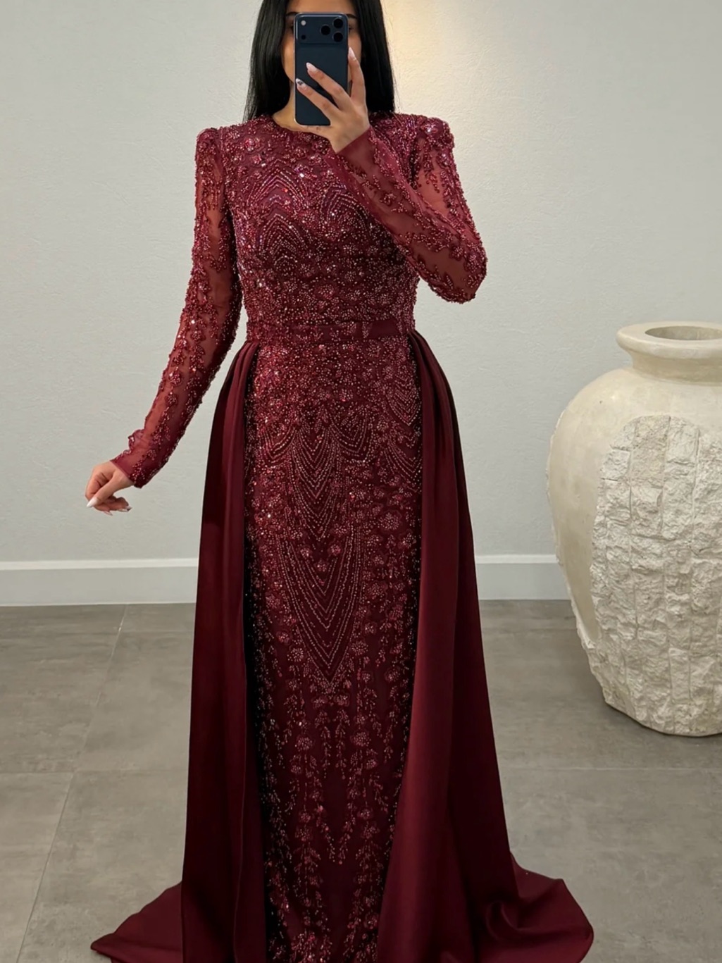 Elegant Beaded Burgundy Evening Gown